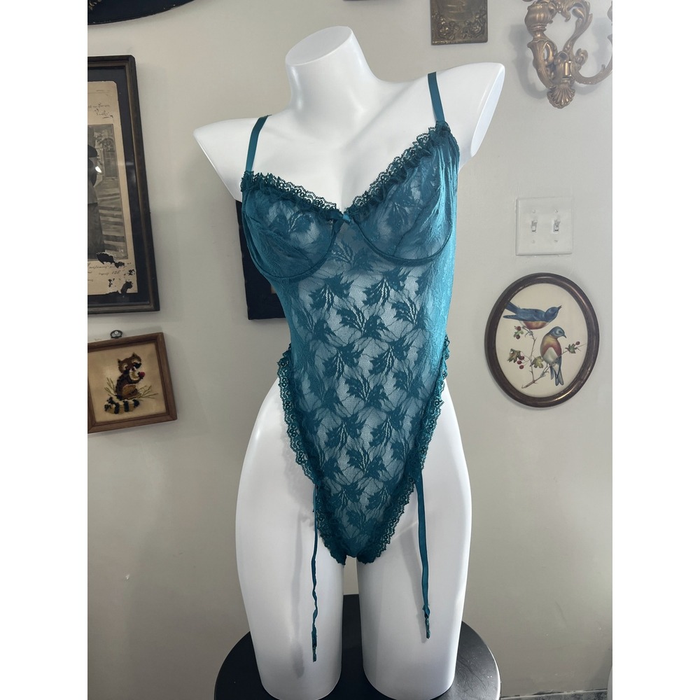 Vintage Teal Green Lace Bodysuit Garter Lingerie Teddy Size Large